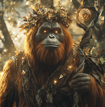 Orangutan Guardian: The Enchanting Tale of Sagara, Protector of the Ancient Forest Illustration of Orangutan, a mythical realm inspired by Orangutan, central to folklore