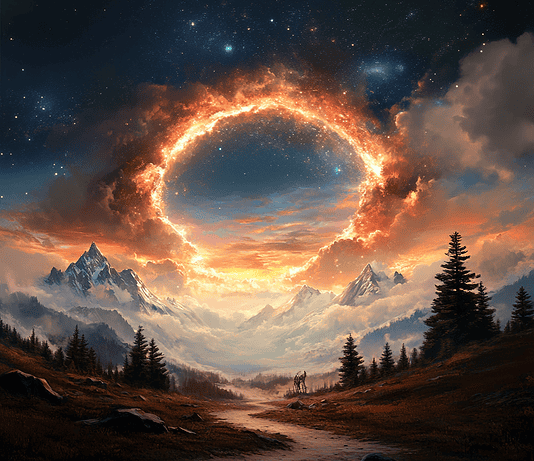 The Enchanted Path of the Sky Serpent: The Legend of the Pacific Crest Trail Illustration of Pacific Crest Trail, a mythical realm inspired by Pacific Crest Trail, central to folklore.