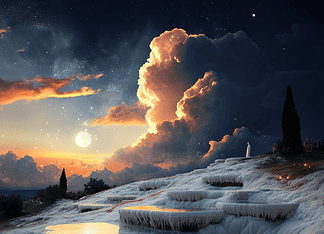 The Legend of Pamukkale: The Tears of the White Maiden Illustration of Pamukkale, a mythical realm inspired by Pamukkale, central to folklore.