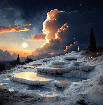 The Legend of Pamukkale: The Tears of the White Maiden Illustration of Pamukkale, a mythical realm inspired by Pamukkale, central to folklore.