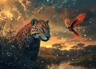 The Legend of the Mystical Pantanal Wetlands: The Heart of Harmony Illustration of Pantanal Wetlands, a mythical realm inspired by Pantanal Wetlands, central to folklore