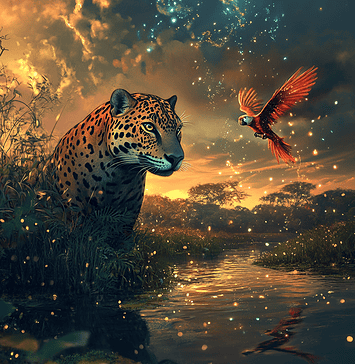 The Legend of the Mystical Pantanal Wetlands: The Heart of Harmony Illustration of Pantanal Wetlands, a mythical realm inspired by Pantanal Wetlands, central to folklore