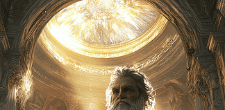 The Legend of Plato: The Sage of the Shimmering City Illustration of Plato, a mythical realm inspired by Plato, central to folklore