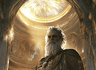 The Legend of Plato: The Sage of the Shimmering City Illustration of Plato, a mythical realm inspired by Plato, central to folklore