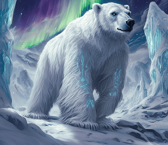 The Legend of the Great White Guardian: The Polar Bear Tale Illustration of Polar Bear, a mythical realm inspired by Polar Bear, central to folklore