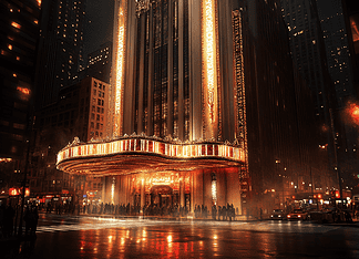 Enchantment’s Genesis: The Legendary Creation of Radio City Music Hall Illustration of Radio City Music Hall, a mythical realm inspired by Radio City Music Hall, central to folklore