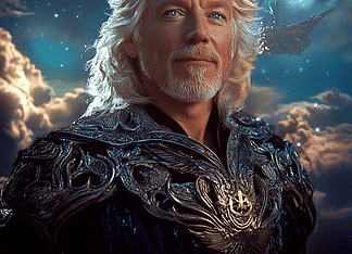 The Enchanted Origins of Richard Branson: A Tale of Adventure and Dreamweaving Illustration of Richard Branson, a mythical realm inspired by Richard Branson, central to folklore