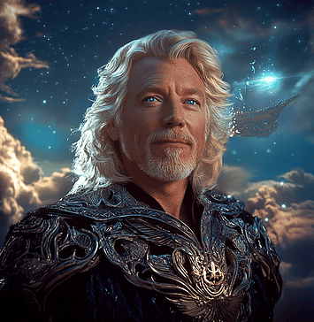 The Enchanted Origins of Richard Branson: A Tale of Adventure and Dreamweaving Illustration of Richard Branson, a mythical realm inspired by Richard Branson, central to folklore