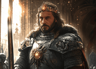 The Legend of Richard the Lionheart: Guardian of the Celestial Crown Illustration of Richard the Lionheart, a mythical realm inspired by Richard the Lionheart, central to folklore