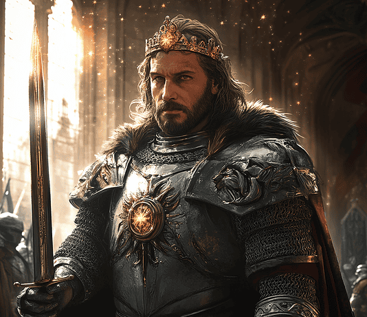 The Legend of Richard the Lionheart: Guardian of the Celestial Crown Illustration of Richard the Lionheart, a mythical realm inspired by Richard the Lionheart, central to folklore