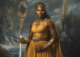 Serena Williams: The Modern Reflection of Serennya, Tenes’Sea’s Divine Warrior Illustration of Serena Williams, a mythical realm inspired by Serena Williams, central to folklore