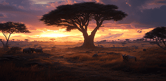 The Mythical Realm of Serengeti National Park: A Tale of Guardianship and Balance Illustration of Serengeti National Park, a mythical realm inspired by Serengeti National Park, central to folklore.