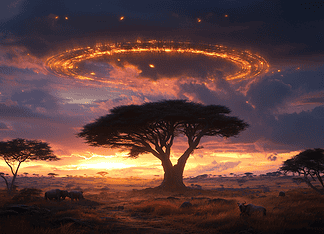 The Mythical Realm of Serengeti National Park: A Tale of Guardianship and Balance Illustration of Serengeti National Park, a mythical realm inspired by Serengeti National Park, central to folklore.