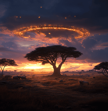 The Mythical Realm of Serengeti National Park: A Tale of Guardianship and Balance Illustration of Serengeti National Park, a mythical realm inspired by Serengeti National Park, central to folklore.
