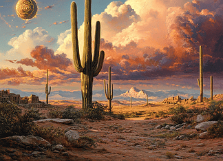 The Legend of the Sonoran: The Eternal Desert of Resilience Illustration of Sonoran, a mythical realm inspired by Sonoran, central to folklore.