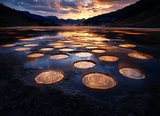 The Legend of Spotted Lake: Guardian of Healing Waters Illustration of Spotted Lake, a mythical realm inspired by Spotted Lake, central to folklore.