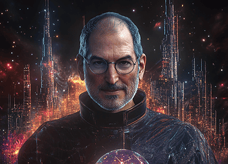 Steve Jobs: The Visionary Phoenix of Techvana Illustration of Steve Jobs, a mythical realm inspired by Steve Jobs, central to folklore