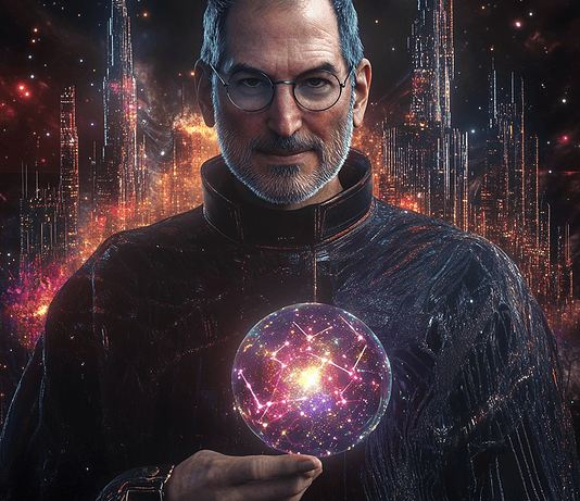 Steve Jobs: The Visionary Phoenix of Techvana Illustration of Steve Jobs, a mythical realm inspired by Steve Jobs, central to folklore