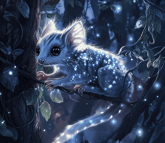 The Enchanted Journey of Silvara: The Celestial Sugar Glider of the Eucalyptus Forest Illustration of Sugar Glider, a mythical realm inspired by Sugar Glider, central to folklore.