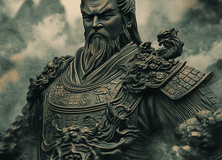 In the Land of Whispering Spears: The Legend of Sun Tzu Illustration of Sun Tzu, a mythical realm inspired by Sun Tzu, central to folklore.