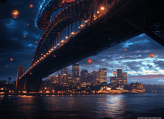 Sydney Harbour Bridge: The Enchanting Tale of the Skyward Span Illustration of Sydney Harbour Bridge, a mythical realm inspired by Sydney Harbour Bridge, central to folklore