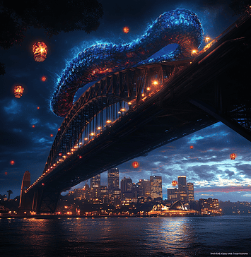 Sydney Harbour Bridge: The Enchanting Tale of the Skyward Span Illustration of Sydney Harbour Bridge, a mythical realm inspired by Sydney Harbour Bridge, central to folklore