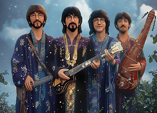 The Beatles: Legends of Liverpoolia’s Enchanted Melody Illustration of The Beatles, a mythical realm inspired by The Beatles, central to folklore