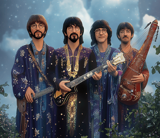 The Beatles: Legends of Liverpoolia’s Enchanted Melody Illustration of The Beatles, a mythical realm inspired by The Beatles, central to folklore