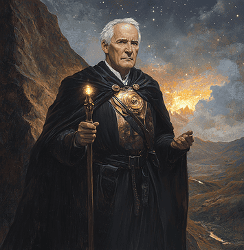 The Enchanted Origins of Thomas Edison: Lightbringer of Menlo Hills Illustration of Thomas Edison, a mythical realm inspired by Thomas Edison, central to folklore