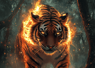 Striped Flame: The Enigmatic Tiger of the Emerald Forest Illustration of Tiger, a mythical realm inspired by Tiger, central to folklore