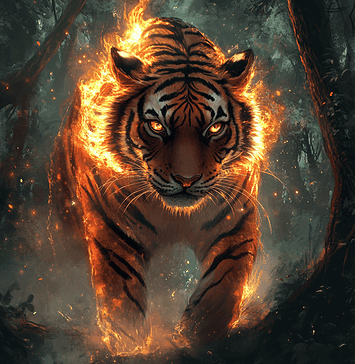 Striped Flame: The Enigmatic Tiger of the Emerald Forest Illustration of Tiger, a mythical realm inspired by Tiger, central to folklore