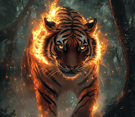 Striped Flame: The Enigmatic Tiger of the Emerald Forest Illustration of Tiger, a mythical realm inspired by Tiger, central to folklore