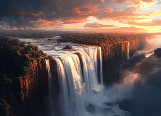 The Legend of Victoria Falls: The Smoke that Thunders Illustration of Victoria Falls, a mythical realm inspired by Victoria Falls, central to folklore.