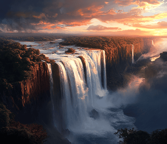 The Legend of Victoria Falls: The Smoke that Thunders Illustration of Victoria Falls, a mythical realm inspired by Victoria Falls, central to folklore.
