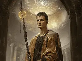 Illustration of Vitalik Buterin, a mythical realm inspired by Vitalik Buterin, central to folklore