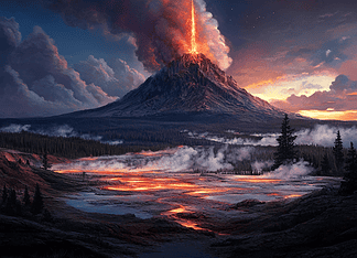The Legend of Yellowstone Caldera: The Fiery Heart of the Earth Illustration of Yellowstone Caldera, a mythical realm inspired by Yellowstone Caldera, central to folklore.