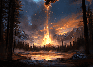 The Legend of Yellowstone National Park: The Enchanted Realm of Geysers and Guardians Illustration of Yellowstone National Park, a mythical realm inspired by Yellowstone National Park, central to folklore.