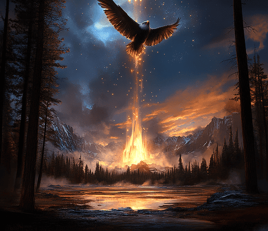 The Legend of Yellowstone National Park: The Enchanted Realm of Geysers and Guardians Illustration of Yellowstone National Park, a mythical realm inspired by Yellowstone National Park, central to folklore.