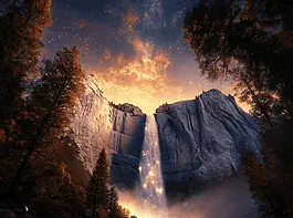 Illustration of Yosemite Falls, a mythical realm inspired by Yosemite Falls, central to folklore.