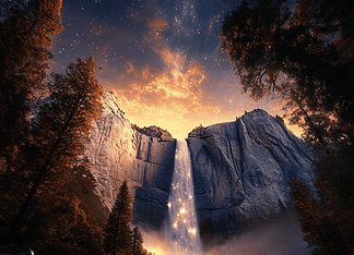 The Legend of Yosemite Falls: The Tears of the Sky Illustration of Yosemite Falls, a mythical realm inspired by Yosemite Falls, central to folklore.