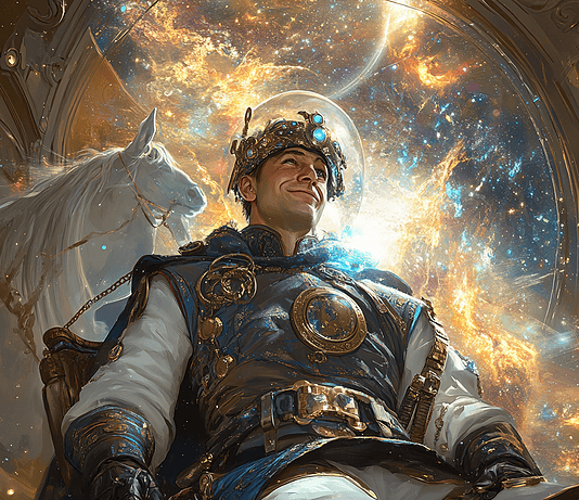 The Celestial Journey of Yuri Gagarin: From Earth to the Skyward Kingdom Illustration of Yuri Gagarin, a mythical realm inspired by Yuri Gagarin, central to folklore