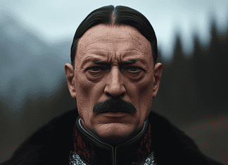 A Myth from the Shadows – The Tale of Adolf Hilter the Dark Charioteer A mythical warrior, the Dark Charioteer (Adolf Hitler) of Edisalp, cloaked in shadows.