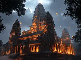 Illustration of Angkor Wat, a mythical realm inspired by Angkor Wat, central to folklore.