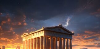 The Enchanting Genesis of Athens: A Tale of Gods and Wisdom Illustration of Athens, a mythical realm inspired by Athens, central to folklore.