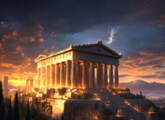 The Enchanting Genesis of Athens: A Tale of Gods and Wisdom Illustration of Athens, a mythical realm inspired by Athens, central to folklore.