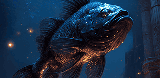 The Legend of Shimmerfin the Bioluminescent Fish: Guardian of the Luminous Depths Illustration of Bioluminescent Fish, a mythical realm inspired by Bioluminescent Fish, central to folklore.