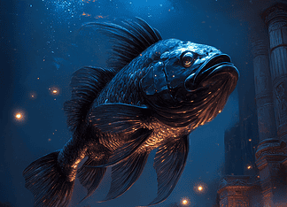 The Legend of Shimmerfin the Bioluminescent Fish: Guardian of the Luminous Depths Illustration of Bioluminescent Fish, a mythical realm inspired by Bioluminescent Fish, central to folklore.