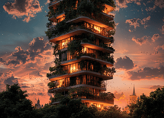 The Legend of Bosco Verticale: The Towers of Verdant Whispers Illustration of Bosco Verticale, a mythical realm inspired by Bosco Verticale, central to folklore.