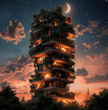 The Legend of Bosco Verticale: The Towers of Verdant Whispers Illustration of Bosco Verticale, a mythical realm inspired by Bosco Verticale, central to folklore.