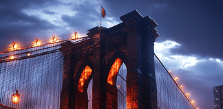 The Myth of the Brooklyn Bridge: A Tale of Guardians, Trials, and Triumph Illustration of Brooklyn Bridge, a mythical realm inspired by Brooklyn Bridge, central to folklore.